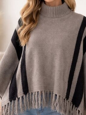 Barefoot Dreams Cozychic Poncho One Size Tan Black Tassel Bottom Cozy Comfy
